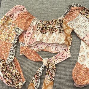 Altar’d State Patchwork Floral Off-Shoulder Tie Back Boho Cropped Blouse USA